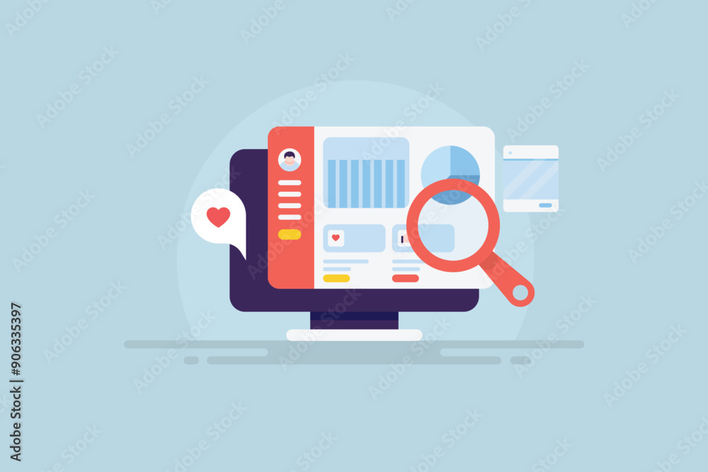 Dashboard display social media data, customer insights and marketing performance information technology business software vector illustration. Dashboard display social media data, customer insights and marketing performance information technology business software vector illustration.