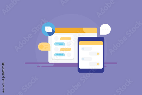 Chat Communication desktop and mobile application, send instant message, virtual AI assistant business solution vector illustration.