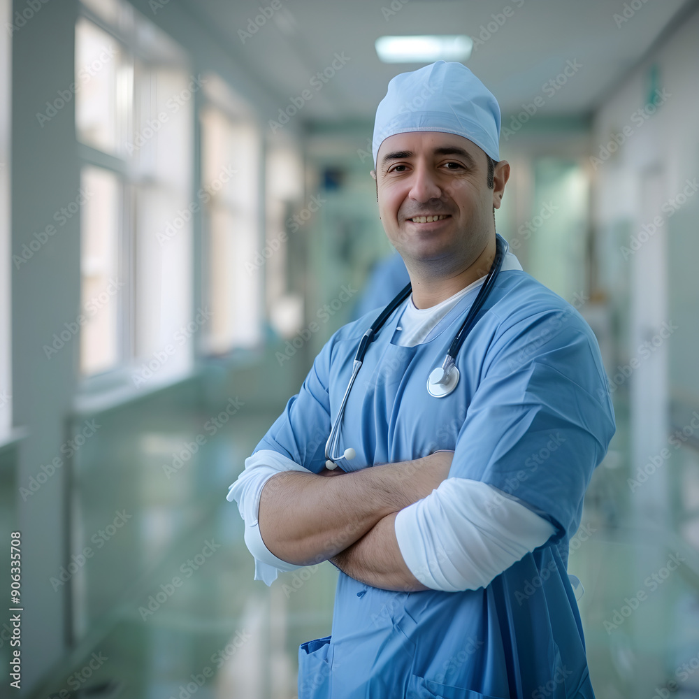 Portrait of smiling doctor standing with arms crossed in hospital corridor Portrait of smiling doctor standing with arms crossed in hospital corridor