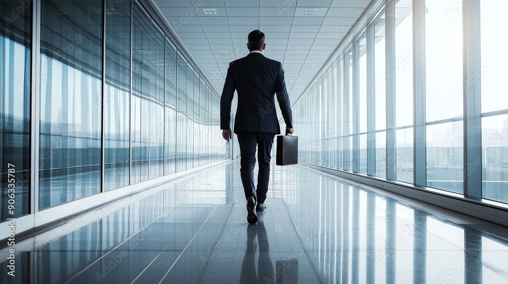 The Path to Success. A lone businessman strides confidently towards the light in a modern corporate building, briefcase in hand. Generative ai illustration The Path to Success. A lone businessman strides confidently towards the light in a modern corporate building, briefcase in hand. Generative ai illustration
