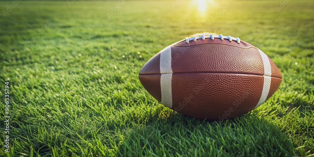 American football ball lying on green grass field, sports equipment, outdoor, turf, recreational American football ball lying on green grass field, sports equipment, outdoor, turf, recreational