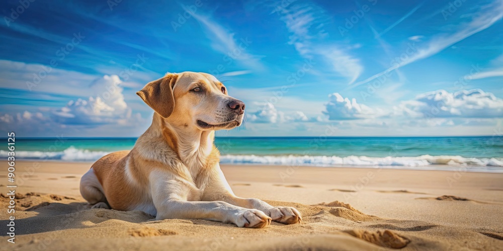 Dog relaxing on sandy beach under the sun during summer season, dog, pet, beach, sand, summer, relaxing, lying down Dog relaxing on sandy beach under the sun during summer season, dog, pet, beach, sand, summer, relaxing, lying down