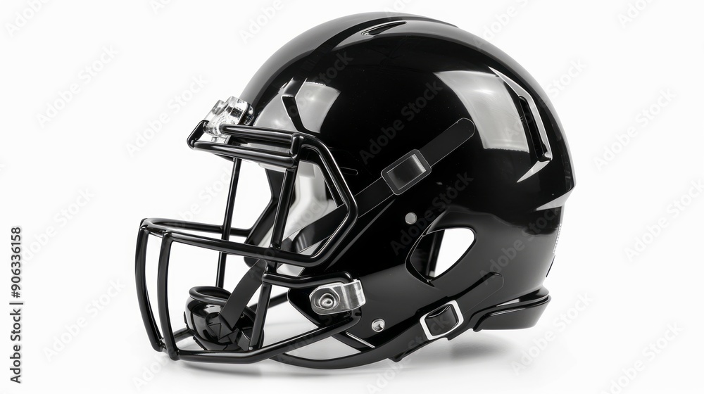 Naklejka premium Black football helmet on white background - professional sports equipment for american football, protective gear for athletes, ideal for team uniform designs, sports marketing, and athletic training v