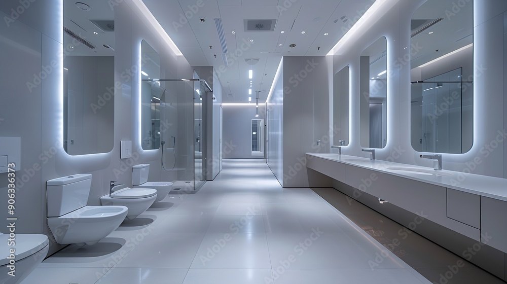 bathroom with mirror integrated into the wall white porcelain toilets shower cabin with sliding glass doors aluminum windows and modern terrazzo floors : Generative AI bathroom with mirror integrated into the wall white porcelain toilets shower cabin with sliding glass doors aluminum windows and modern terrazzo floors : Generative AI