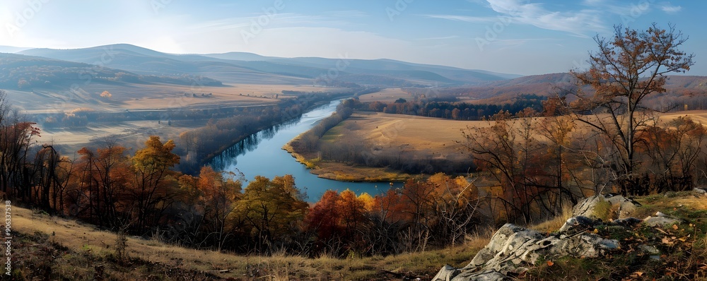 Fototapeta premium Scenic Overlook Over Winding River And Rolling Hills In Autumn Countryside Landscape