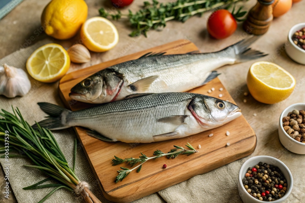 Delicious healthy fish.Raw sea bass with lemon and ingredients on a dark background. Banner, menu, place for recipe text, top view. Delicious healthy fish.Raw sea bass with lemon and ingredients on a dark background. Banner, menu, place for recipe text, top view.