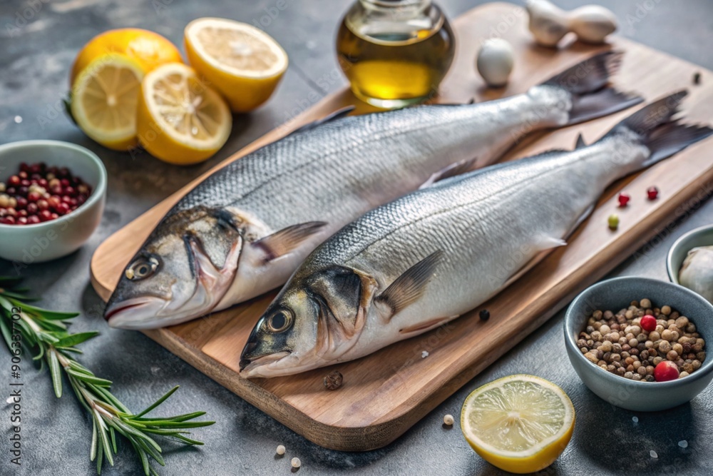 Delicious healthy fish.Raw sea bass with lemon and ingredients on a dark background. Banner, menu, place for recipe text, top view. Delicious healthy fish.Raw sea bass with lemon and ingredients on a dark background. Banner, menu, place for recipe text, top view.