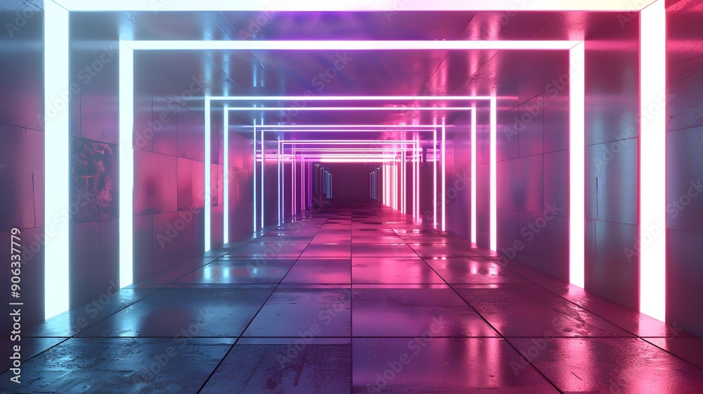 A 3D render featuring an abstract geometric neon background, depicting an empty room with futuristic wall panels and a glowing square frame, resembling a futuristic tunnel or corridor A 3D render featuring an abstract geometric neon background, depicting an empty room with futuristic wall panels and a glowing square frame, resembling a futuristic tunnel or corridor