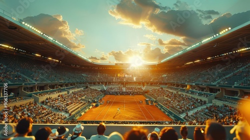 Artistic view of a tennis match with the Roland Garros stadium, tennis competition