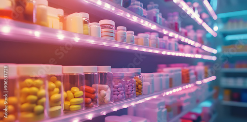 Various pills and capsules mixed together. Rows of drugs in drugstore photo