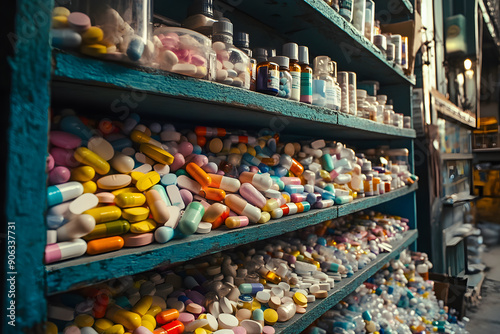 Various pills and capsules mixed together. Rows of drugs in drugstore photo