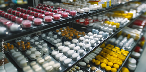 Various pills and capsules mixed together. Rows of drugs in drugstore photo