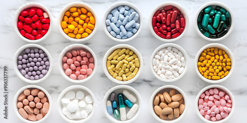 Various pills and capsules mixed together. Rows of drugs in drugstore photo
