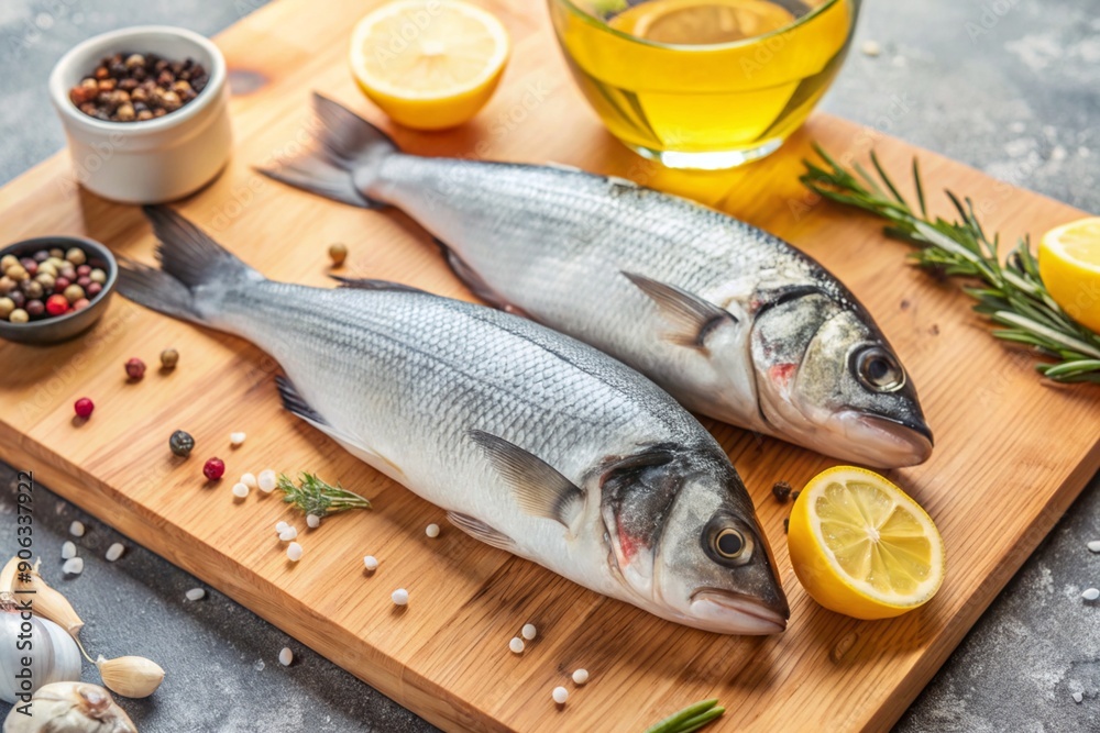 Delicious healthy fish.Raw sea bass with lemon and ingredients on a dark background. Banner, menu, place for recipe text, top view. Delicious healthy fish.Raw sea bass with lemon and ingredients on a dark background. Banner, menu, place for recipe text, top view.