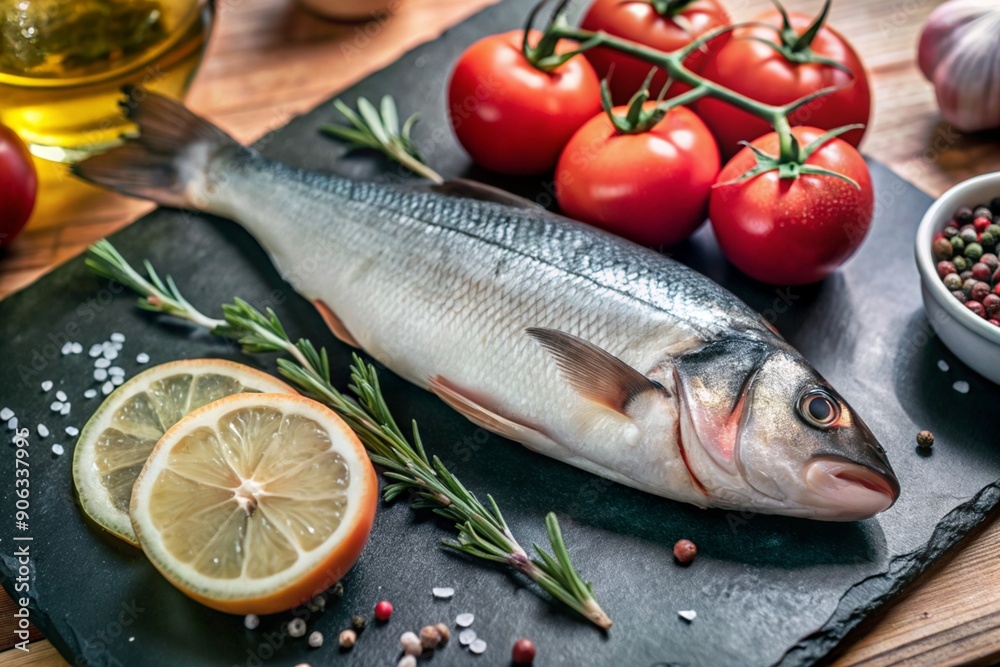 Delicious healthy fish.Raw sea bass with lemon and ingredients on a dark background. Banner, menu, place for recipe text, top view. Delicious healthy fish.Raw sea bass with lemon and ingredients on a dark background. Banner, menu, place for recipe text, top view.