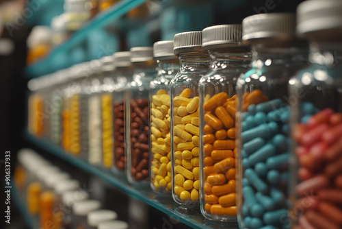 Various pills and capsules mixed together. Rows of drugs in drugstore photo