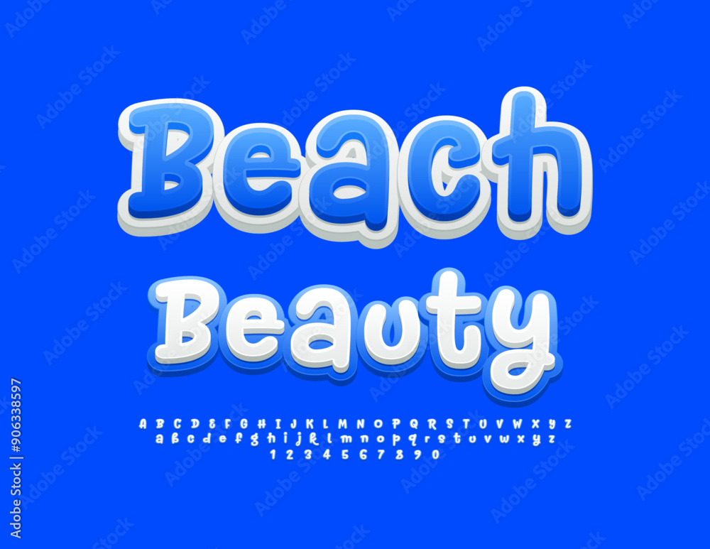 Vector playful advertisement Beach Beauty. White and Blue Bright Font. Funny Alphabet Letters and Numbers set. Vector playful advertisement Beach Beauty. White and Blue Bright Font. Funny Alphabet Letters and Numbers set.