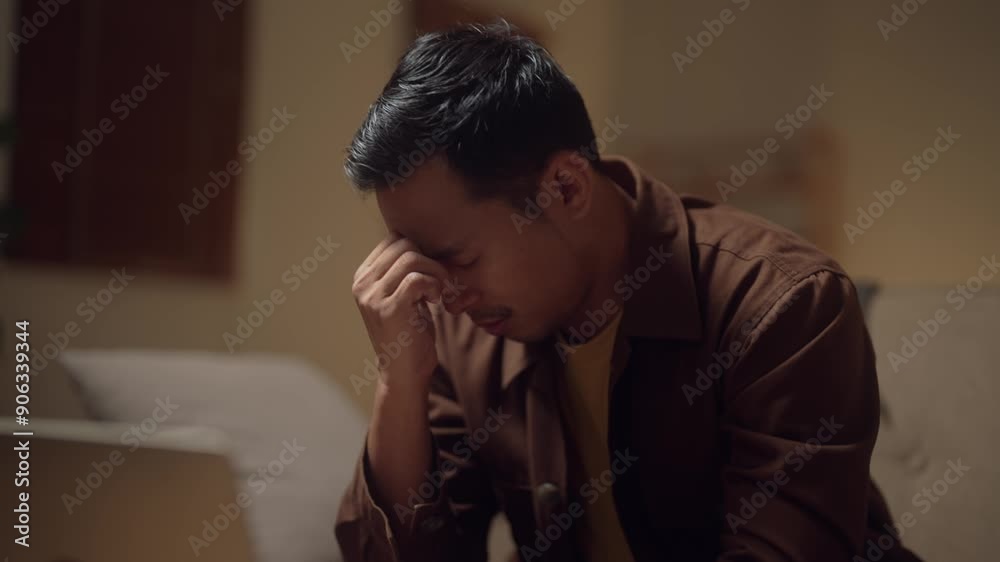 Tired stressed man suffering from work at his home, Upset emotion Tired stressed man suffering from work at his home, Upset emotion