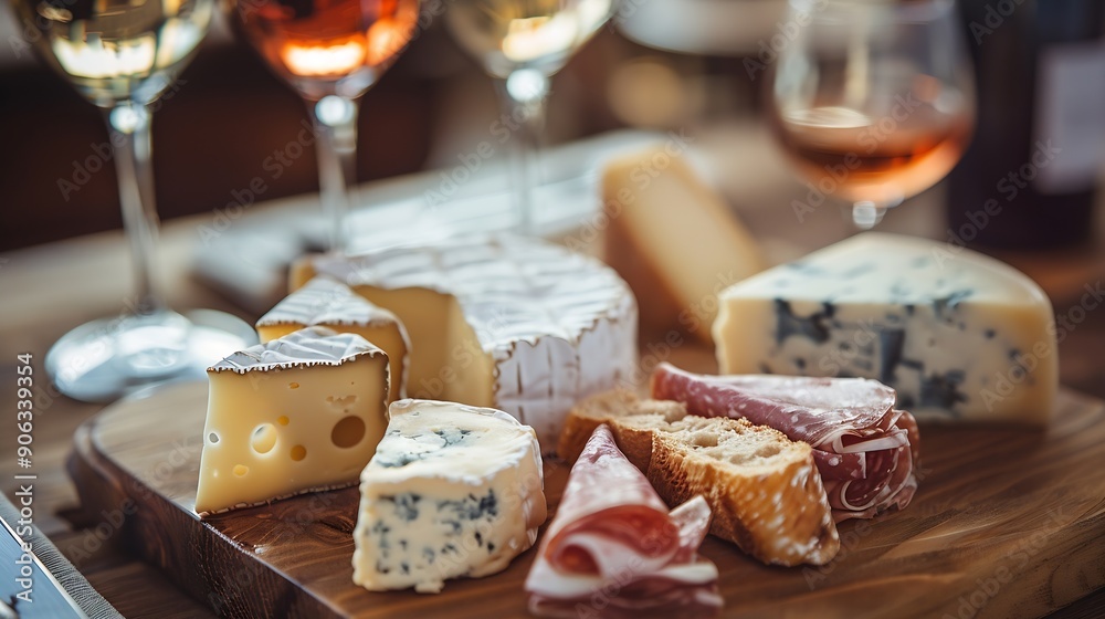 Various cheese on board red and white wine With copy space : Generative AI Various cheese on board red and white wine With copy space : Generative AI