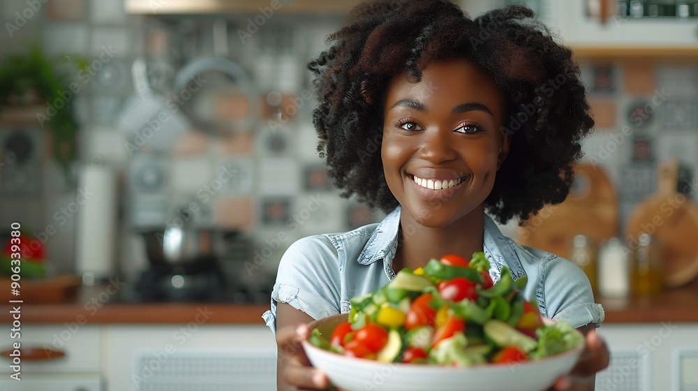 Healthy Eating Joyful African American Lady Enjoying Vegetable Salad Having Dinner Posing In Modern Kitchen At Home Nutrition For Slimming Weight Loss Food Recipes Concept : Generative AI Healthy Eating Joyful African American Lady Enjoying Vegetable Salad Having Dinner Posing In Modern Kitchen At Home Nutrition For Slimming Weight Loss Food Recipes Concept : Generative AI
