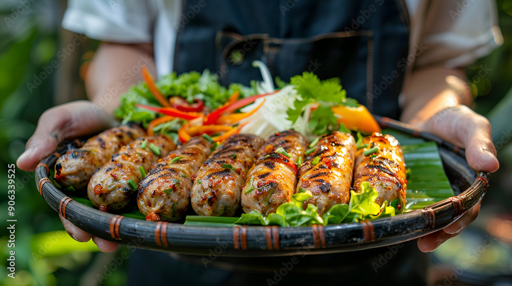 Assorted delicious grilled meat and bratwurst with vegetables over the coals on a barbecue, Outdoor barbecue, grilled roasted beef sausages, vacation Assorted delicious grilled meat and bratwurst with vegetables over the coals on a barbecue, Outdoor barbecue, grilled roasted beef sausages, vacation
