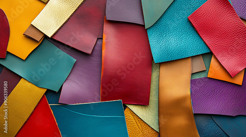 A flat lay of colored leather pieces in a random arrangement. The colors include vibrant hues like red, teal, gold, and purple, with a variety of textures and finishes. photo