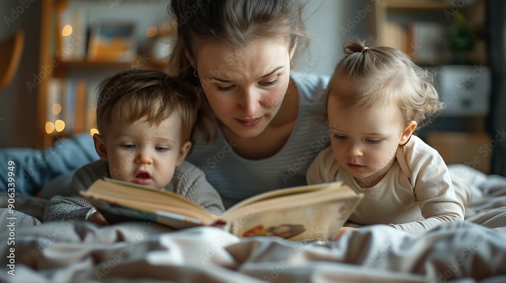 Mother with children reading book lying on bed at home : Generative AI Mother with children reading book lying on bed at home : Generative AI