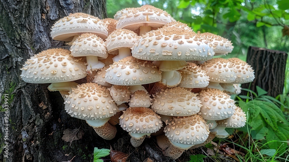 Abundant Mushroom Cluster Thriving on Tree Base in Forest Setting Abundant Mushroom Cluster Thriving on Tree Base in Forest Setting