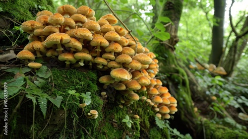 Enchanting Cluster of Mushrooms Adorning Tree Base in Forest Setting