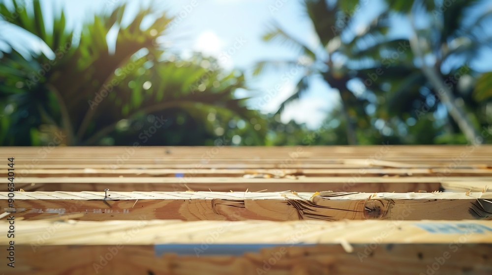 front view medium distance of plywood roofing being nailed to roof ...