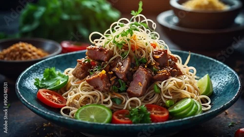 Cao lau noodles with pork traditional food Vietnam delicious photo