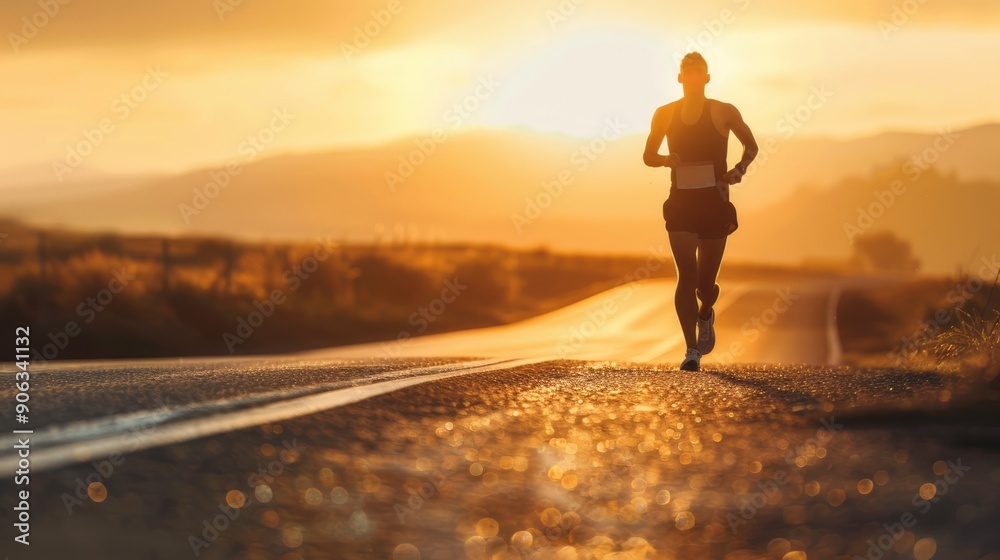 Focused runner athlete sprinting along a scenic sunrise road, highlighting determination and endurance in early morning light, ideal for fitness motivation, marathon training, and active lifestyle con Focused runner athlete sprinting along a scenic sunrise road, highlighting determination and endurance in early morning light, ideal for fitness motivation, marathon training, and active lifestyle con