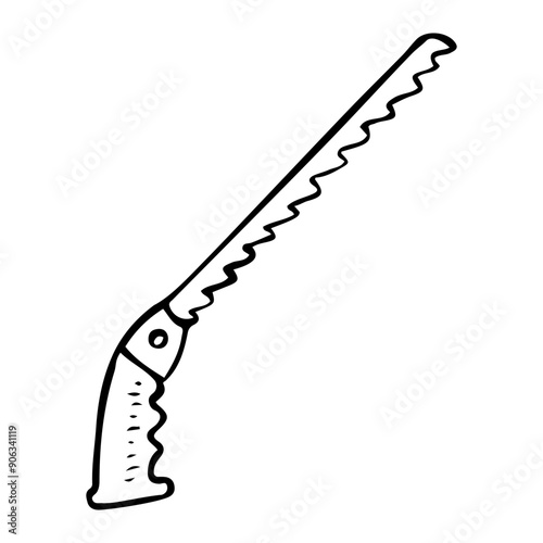 A garden hacksaw tool for pruning trees is hand drawn in doodle style. Hobby gardening. Mini saw. Vector line art illustration.