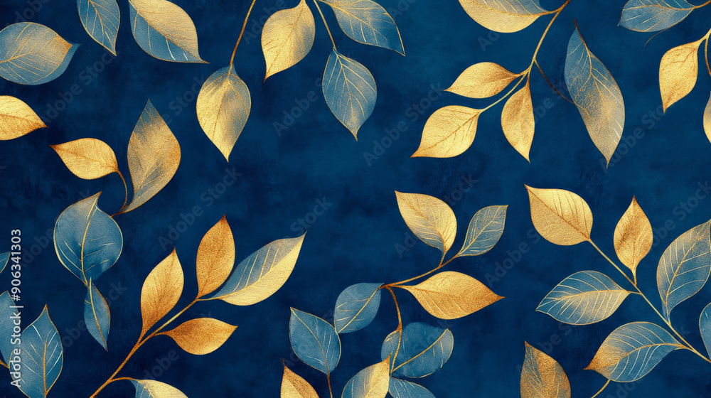 Opulent pattern design featuring delicate golden leaves on a rich sapphire blue background, exuding luxury and sophistication.