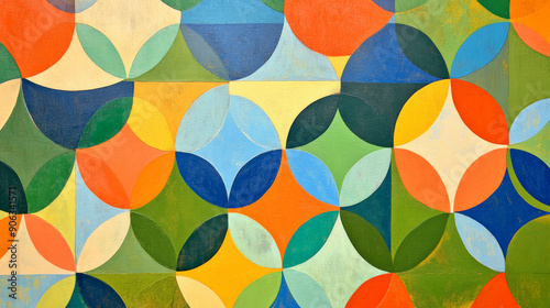 Wallpaper Mural A vibrant geometric pattern with overlapping circles in bright shades of orange, green, and blue, creating a lively and energetic design. Torontodigital.ca