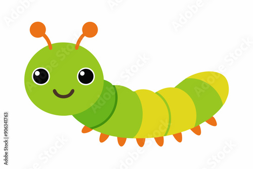 Cute Caterpillar Cartoon - Vector Line Art Design on White Background