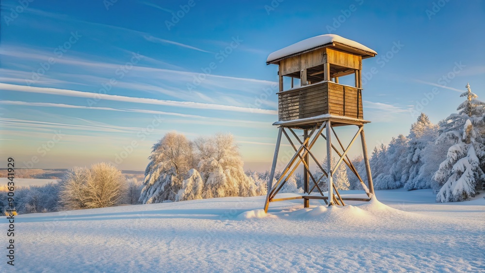 Hunting tower surrounded by snow with a view of snowy landscape , Winter, cold, wilderness, nature, outdoors, hunting Hunting tower surrounded by snow with a view of snowy landscape , Winter, cold, wilderness, nature, outdoors, hunting