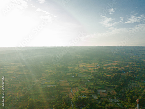 Aerial drone view of paddy fields scenery during sunrise at Pangururan in Samosir Island, Sumatra Utara, Indonesia. photo