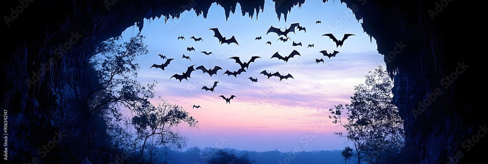 bats flying out of a cave at twilight, with the sky transitioning from ...