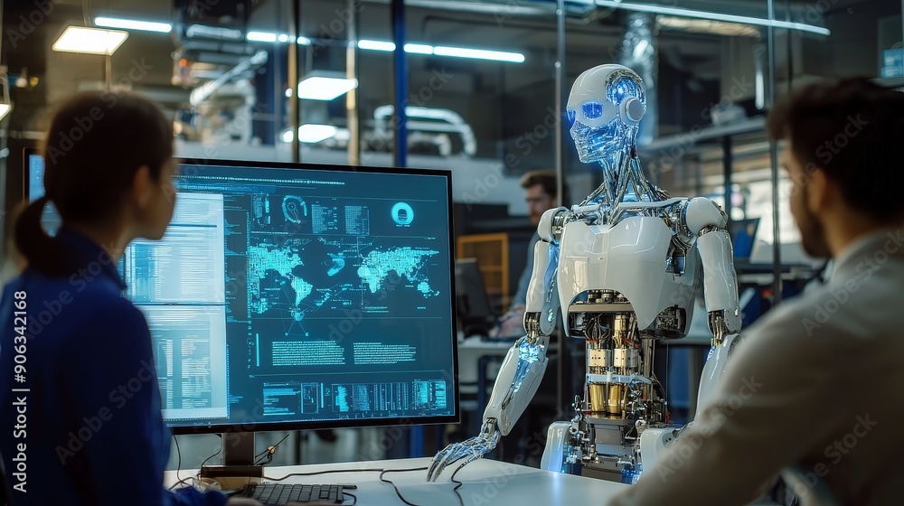 Innovating the Future: Team Collaborating on AI and Robotics Projects in a Modern Lab Innovating the Future: Team Collaborating on AI and Robotics Projects in a Modern Lab