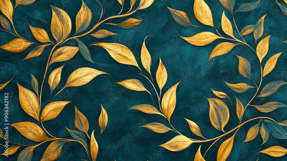 Lavish pattern design featuring golden leaves with intricate detailing on a rich teal background, exuding elegance and luxury. Lavish pattern design featuring golden leaves with intricate detailing on a rich teal background, exuding elegance and luxury.