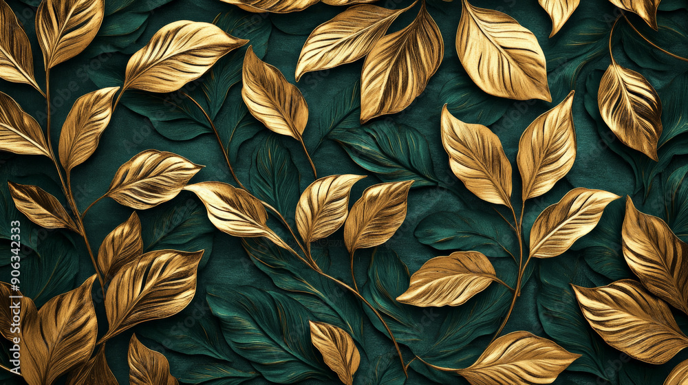 A luxurious pattern design featuring intricately detailed gold leaves on a deep emerald green background, creating an elegant and sophisticated look. A luxurious pattern design featuring intricately detailed gold leaves on a deep emerald green background, creating an elegant and sophisticated look.