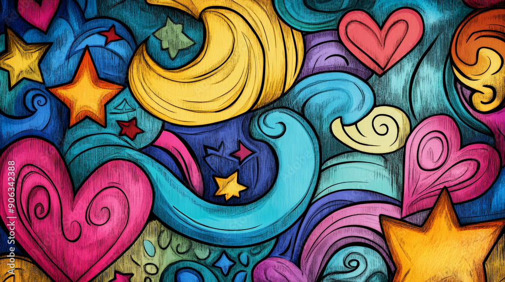 A whimsical doodle art header featuring a variety of shapes and textures, including hearts, stars, and swirls, in a colorful, hand-drawn style.