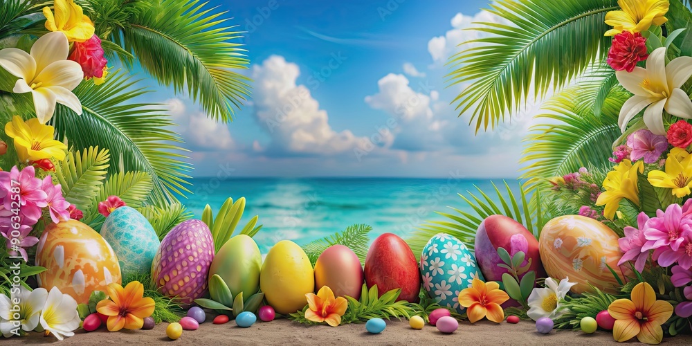 Tropical Hawaiian Easter No.9 featuring vibrant floral decorations and Easter eggs , Tropical, Hawaiian, Easter Tropical Hawaiian Easter No.9 featuring vibrant floral decorations and Easter eggs , Tropical, Hawaiian, Easter
