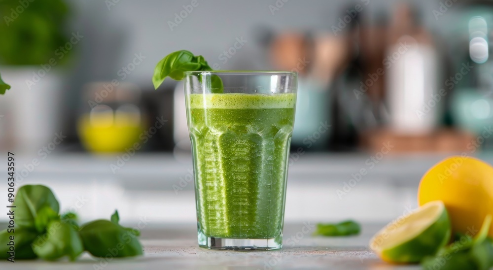 Refreshing Green Smoothie With Lime and Basil on Kitchen Counter Refreshing Green Smoothie With Lime and Basil on Kitchen Counter