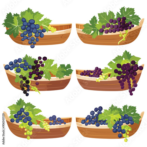 Cornucopia baskets filled different types grapes, leaves, lush fruit harvest. Wooden horn plenty overflows green, purple grape clusters, winemaking, autumnal abundance. Harvest festival vector