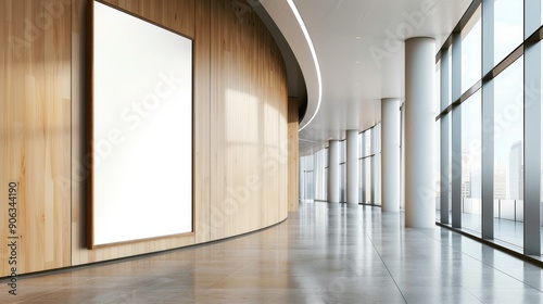 Modern Office Hallway with Large Window and Blank Billboard