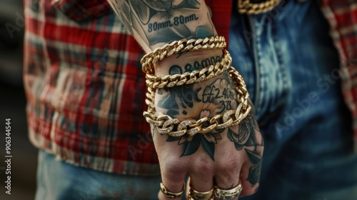 Closeup of a Man's Hand with Gold Chains and Tattoos