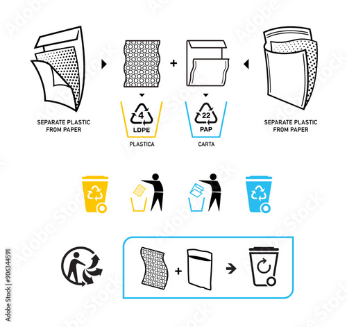 Instruction icon set for recycling padded envelopes and bubble mailers. Vector elements are made with high contrast, well suited to different scales. Ready for use in your design. EPS10.