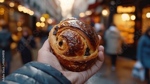 an hand holding a Pain au Chocolat in the streets of Paris  french patries : Generative AI photo